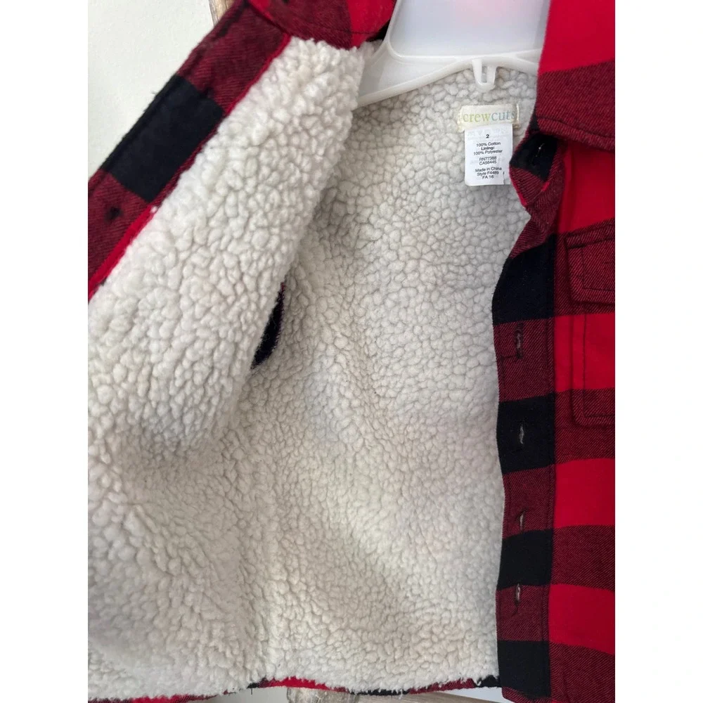 Crewcuts J.Crew Boys' sherpa-lined flannel red black plaid shirt jacket‎ size 2